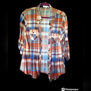 Orange plaid button up 3/4 sleeve